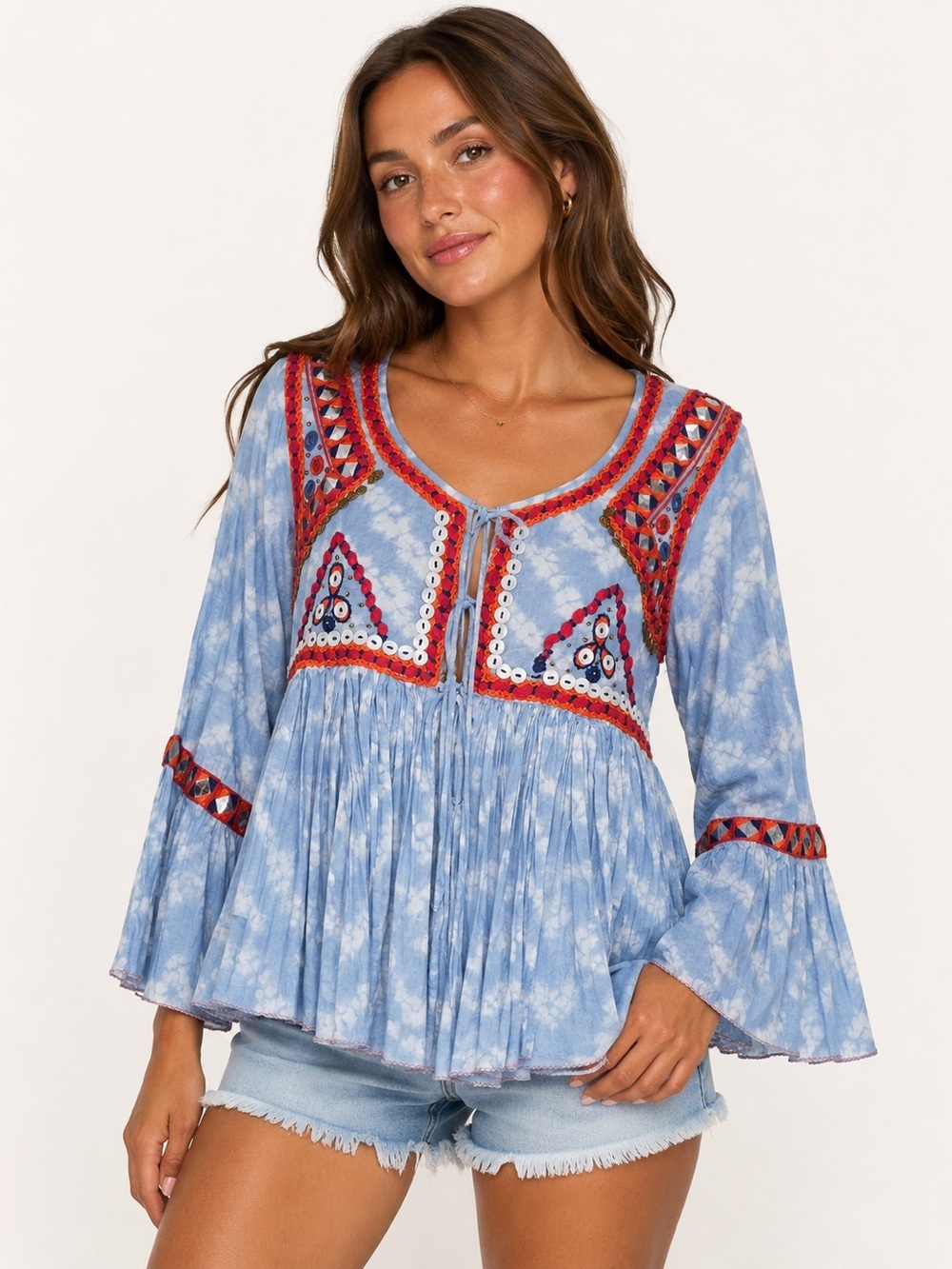 Anthropologie Raga NWT Blue Embellished Cotton Tunic Top Small Boho Festival